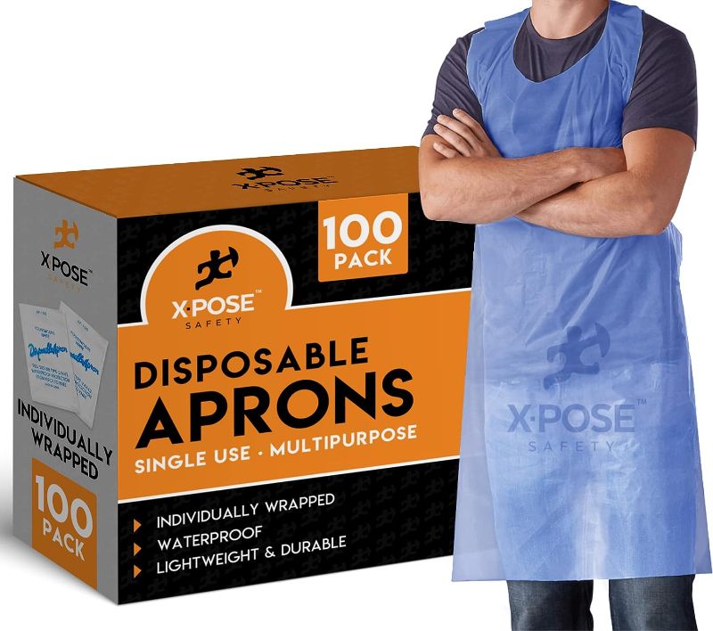 Photo 1 of 10 Boxes***Xpose Safety Plastic Disposable Aprons - Individually Packaged Durable 1 mil 24" x 42" (100, Blue)
