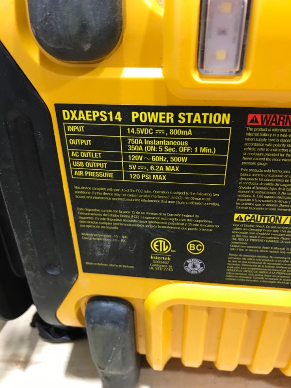 Photo 3 of DEWALT DXAEPS14 1600 Peak Battery Amp 12V Automotive Jump Starter/Power Station with 500 Watt AC Power Inverter, 120 PSI Digital Compressor, and USB Power , Yellow