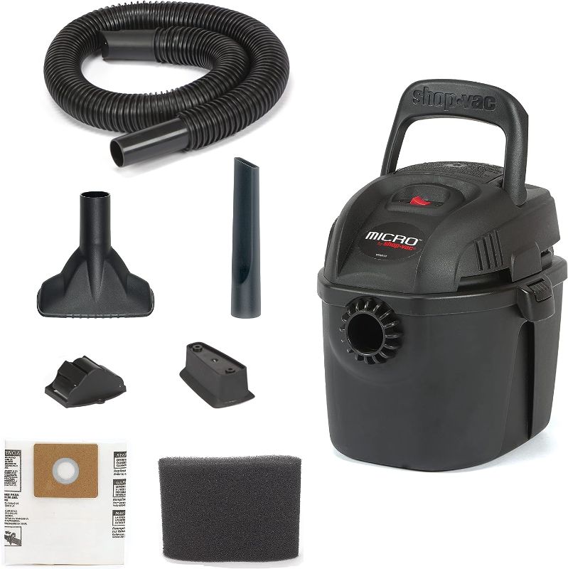 Photo 1 of **MISSING SMALL PARTS* Shop-Vac 2021005, Micro Wet Dry Vacuum, 1 Gallon, 1.25 in Diameter x 4 Ft Hose, 50 CFM, (1 Pack)
