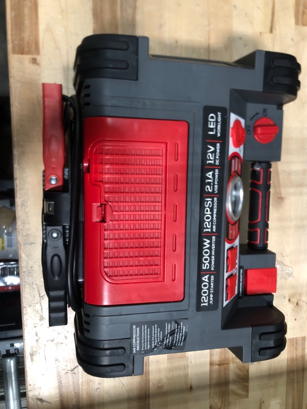 Photo 1 of 1200 Peak Amp Jump Starter, Dual Power Inverter, 120 PSI Air Compressor, USB Charging Port, Rechargeable
