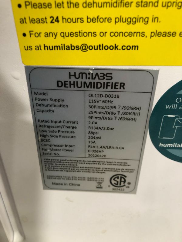 Photo 5 of ***UNTESTED - SEE NOTES***
HUMILABS 1500 Sq. Ft Dehumidifiers for Home and Basements, 22 Pints