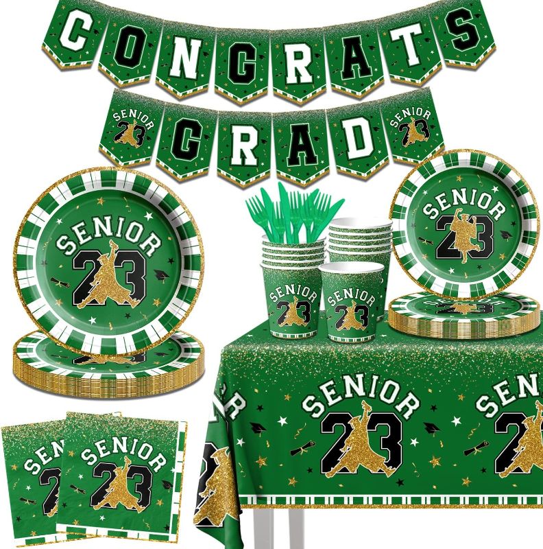 Photo 1 of 2023 Green Black Graduation Party Supplies,Congrats Grad Disposable Tableware Serves 20,Senior 2023 Plates Cups Napkins Tablecloth for Class of 2023 Decoration High School College Graduation
