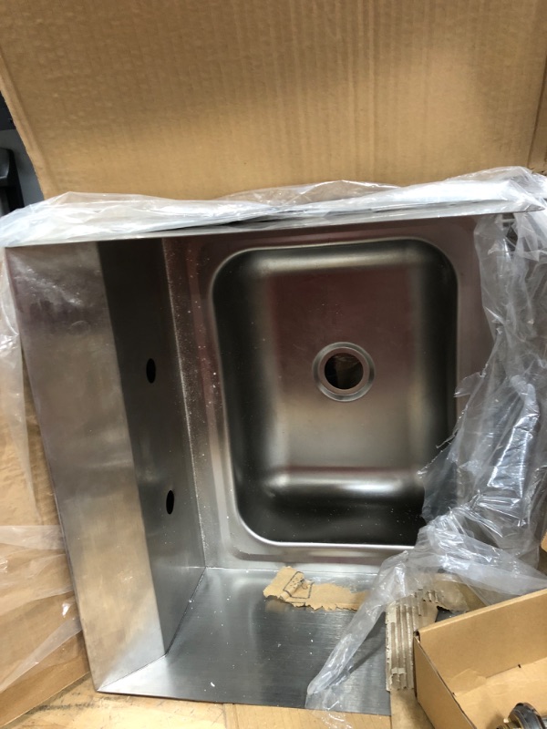 Photo 3 of **USED OPEN BOX MAY BEMISSING HARDWARE****

HOCCOT 304 Stainless Steel Sink, Wall Mounted Commercial Restaurant Sink, Hand Washing Sink with Side Splashes, Utility Sink for Restaurant, Kitchen, Bar, Outdoor, Garage, 17"x 15" 17” x 15”- Side Splashes