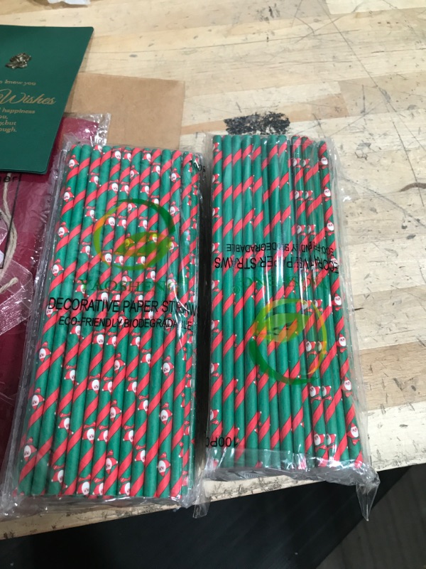 Photo 4 of ****NEW** STRAW 2 PACK***
Red Sheer Gift Fabric with Ribbons, Twine, & BEST WISHES CARD + 100PCS YAOSHENG Christmas Paper Straws for drinking, Biodegradable red green straws for Party Christmas Holiday Gift Santa Claus and Fawn
