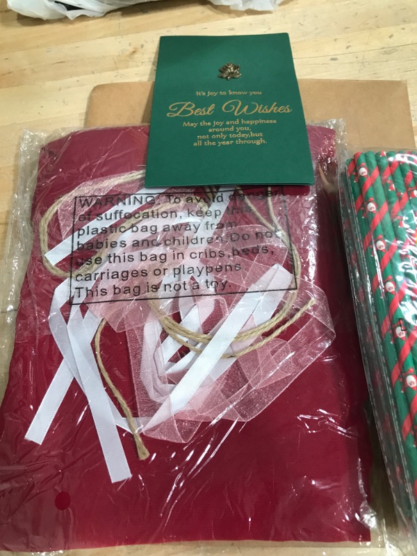 Photo 3 of ****NEW** STRAW 2 PACK***
Red Sheer Gift Fabric with Ribbons, Twine, & BEST WISHES CARD + 100PCS YAOSHENG Christmas Paper Straws for drinking, Biodegradable red green straws for Party Christmas Holiday Gift Santa Claus and Fawn