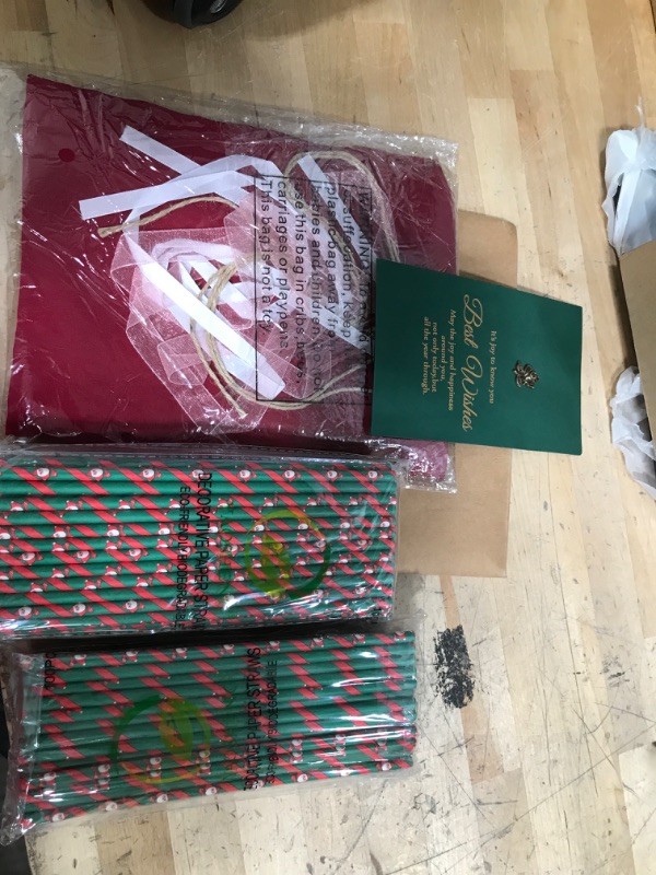 Photo 2 of ****NEW** STRAW 2 PACK***
Red Sheer Gift Fabric with Ribbons, Twine, & BEST WISHES CARD + 100PCS YAOSHENG Christmas Paper Straws for drinking, Biodegradable red green straws for Party Christmas Holiday Gift Santa Claus and Fawn