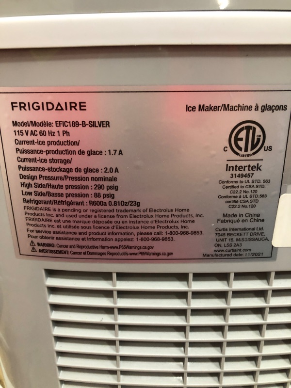 Photo 3 of *** TESTED***
****USED ***
FRIGIDAIRE EFIC189-Silver Compact Ice Maker, 26 lb per Day, Silver (Packaging May Vary) Silver Ice Maker