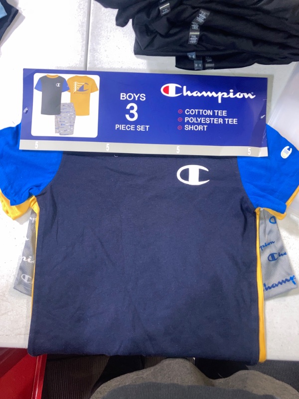 Photo 2 of Champion Little Boy S 3 Piece 2 Short Sleeve Tops & Shorts Active Set (Navy/Blue/Gold 5)
