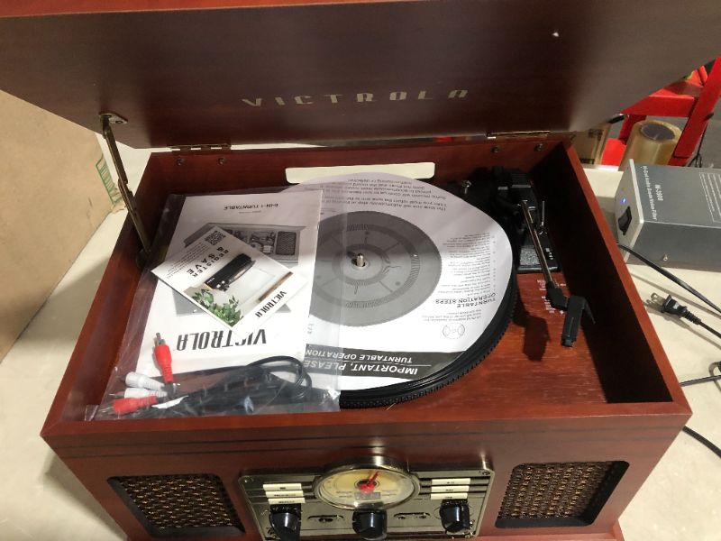 Photo 3 of Victrola Nostalgic 6-in-1 Bluetooth Record Player & Multimedia Center with Built-in Speakers - 3-Speed Turntable, CD & Cassette Player, FM Radio | Wireless Music Streaming | Mahogany Mahogany Entertainment Center