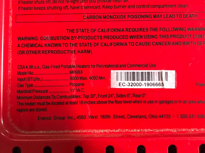 Photo 5 of **USED- UNABLE TO TEST**
Mr. Heater F232000 MH9BX Buddy 4,000-9,000-BTU Indoor-Safe Portable Propane Radiant Heater, Red-Black Red Heater