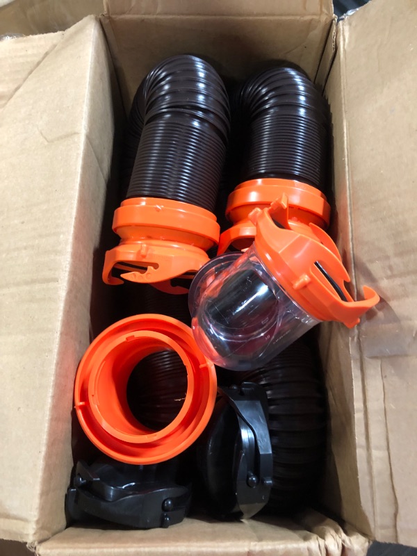 Photo 2 of Camco 20' (39742) RhinoFLEX 20-Foot RV Sewer Hose Kit, Swivel Transparent Elbow with 4-in-1 Dump Station Fitting-Storage Caps Included , Black , Brown 20ft Sewer Hose Kit Frustration-Free Packaging