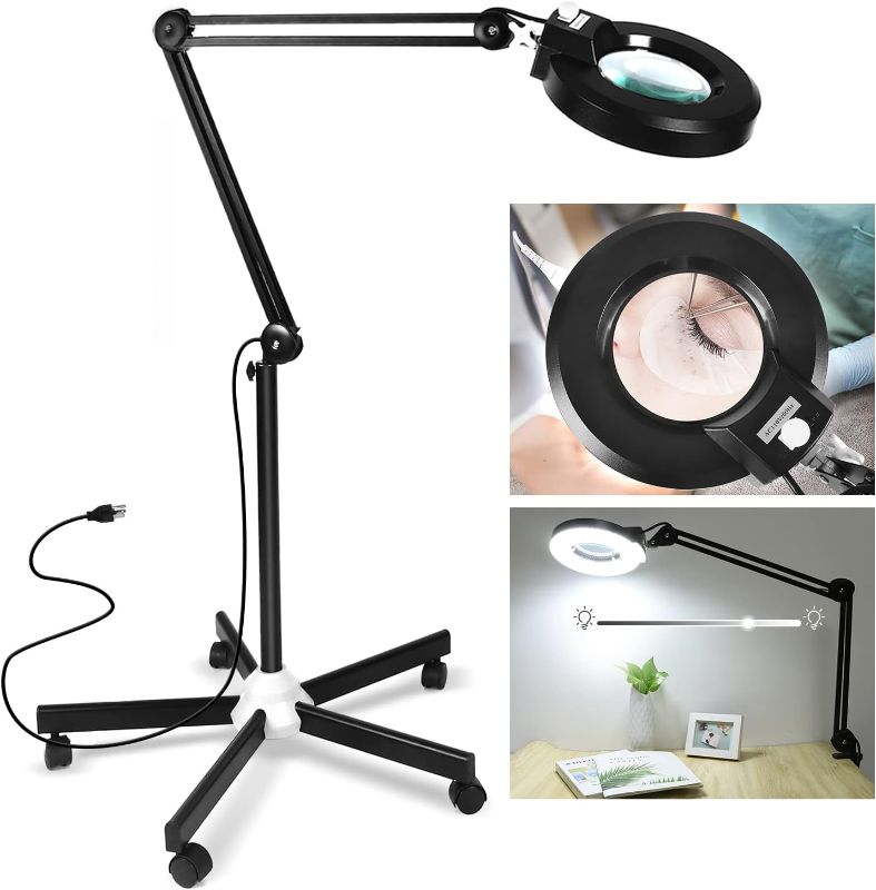 Photo 1 of 8X Magnifying Glass with Light and Stand, LANCOSC Floor Lamp with 5-Wheel Rolling Base for Facials Lash Estheticians, 1,500 Lumens Dimmable LED Lighted Magnifier for Reading Sewing Crafts - Black