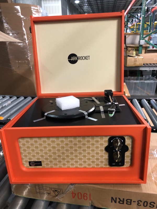 Photo 3 of Arkrocket 3-Speed Bluetooth Record Player Retro Turntable with Built-in Speakers and Removable Legs (Orange)