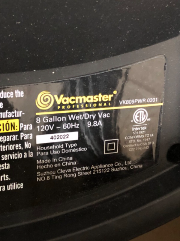 Photo 4 of **HAS BEEN USED- UNABLE TO TEST**
Vacmaster VK809PWR 0201 8 Gallon 5.5 Peak HP Wet/Dry/Upholstery Shampoo Vacuum Cleaner 8 Gallon Upgrade