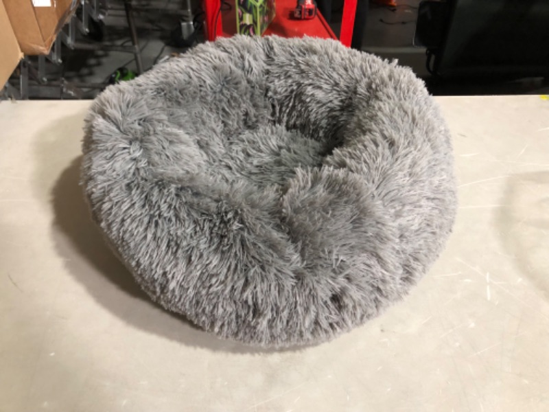 Photo 2 of 23" x 23" Furhaven Plush Long Faux Fur Ultra Calming Donut Dog Bed, Gray