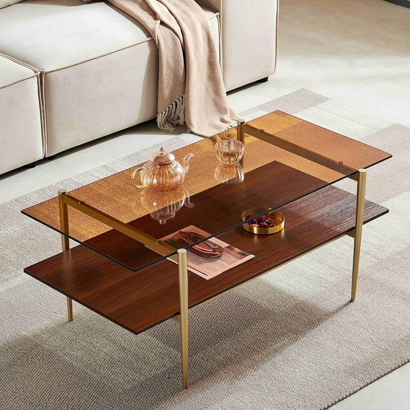 Photo 6 of (READ FULL POSTS) Saint Mossi Tadio Double Layer Glass Coffee Table for Living Room, Brown Glass & Coffee Brown MDF Bottom Shelf