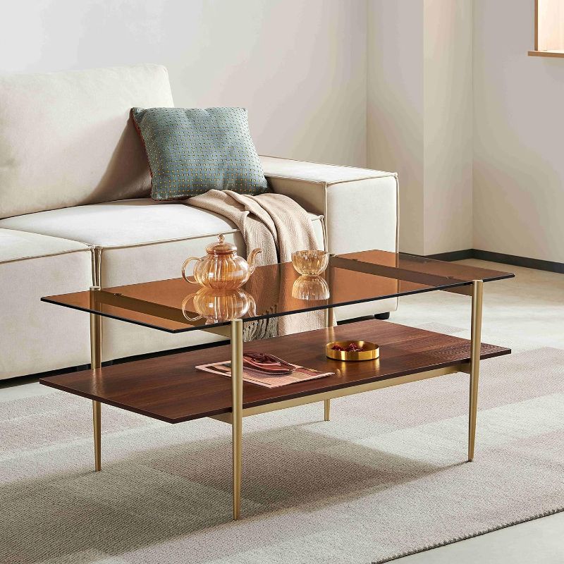 Photo 1 of (READ FULL POSTS) Saint Mossi Tadio Double Layer Glass Coffee Table for Living Room, Brown Glass & Coffee Brown MDF Bottom Shelf