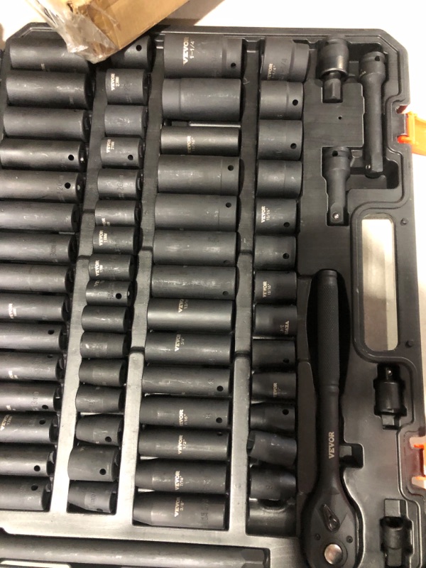 Photo 1 of VEVOR 1/2" Drive Impact Socket Set, 65 Piece Socket Set SAE 3/8" to 1-1/4" and Metric 10-24mm, 6 Point Cr-V Alloy Steel for Auto Repair, Easy-to-Read Size Markings, Rugged Construction, Storage Case 1/2'' SAE&Metric 65PC CR-V Sockets