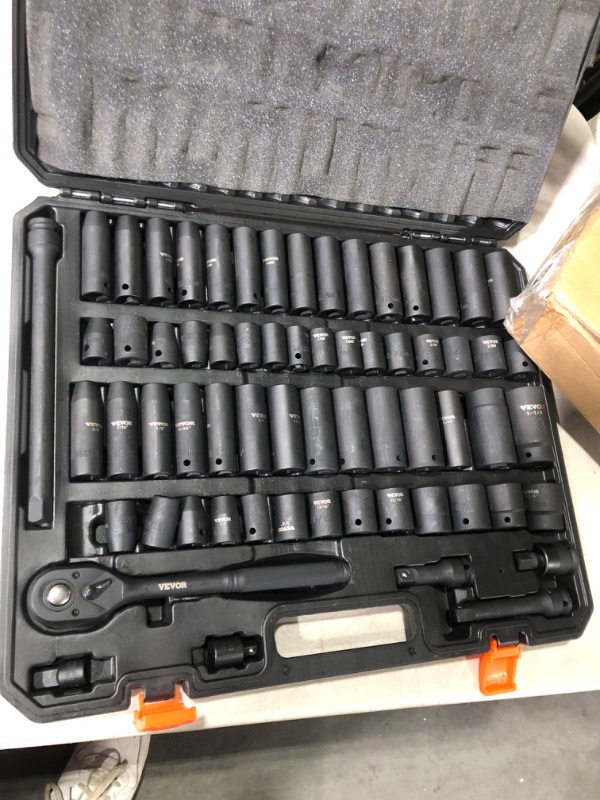 Photo 1 of VEVOR 1/2" Drive Impact Socket Set, 65 Piece Socket Set SAE 3/8" to 1-1/4" and Metric 10-24mm, 6 Point Cr-V Alloy Steel for Auto Repair, Easy-to-Read Size Markings, Rugged Construction, Storage Case 1/2'' SAE&Metric 65PC CR-V Sockets