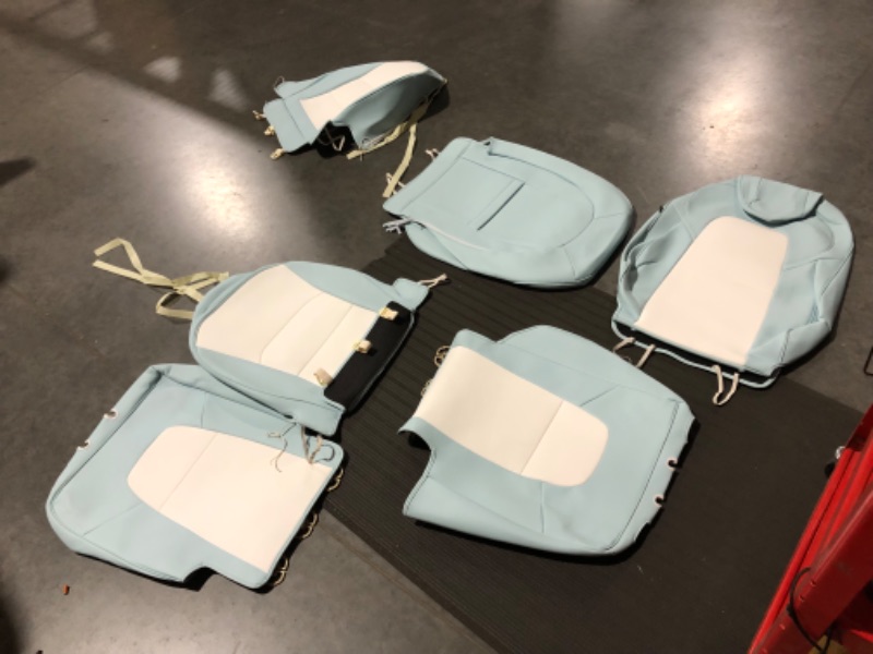 Photo 2 of ***USED - MISSING PARTS - SEE NOTES***
Xipoo Seat Cover Compatible with Tesla Model Y  2020 2021 2022 2023(Eggshell Blue+White- 12 Pcs)