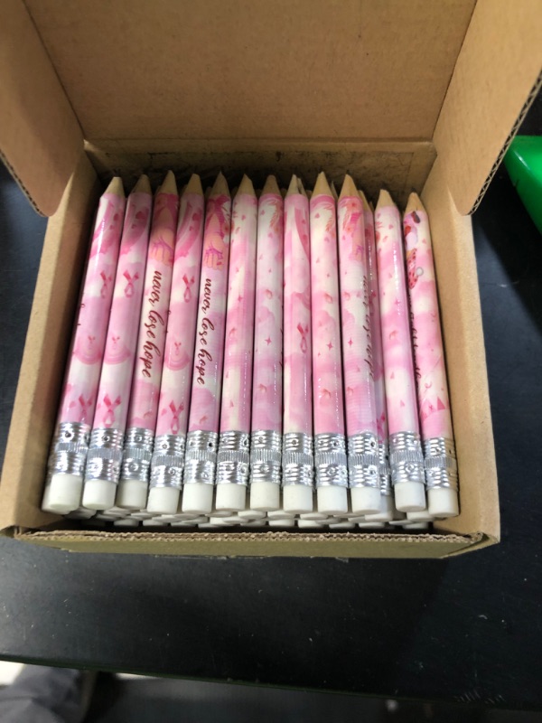 Photo 5 of Tinlade120 Pcs Breast Cancer Awareness Pencils with Erasers Pink Ribbon Pencils Wood Cased Pencils Bulk Breast Cancer Awareness Bulk Items for Women Girls Gift School Party Favors Office Supplies