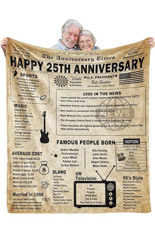 Photo 1 of 25th Anniversary Blanket Gifts Gift for 25th Silver Wedding Anniversary 25 Years of Marriage Gifts for Couple Wife Husband Dad Mom Parents Back in 1998 Throw Blanket 60Lx50W Inch
