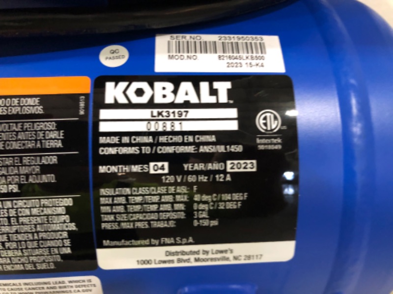 Photo 7 of **PARTS** **NO POWER** Kobalt 3-Gal Portable 150-PSI Electric Hot Dog Air Compressor