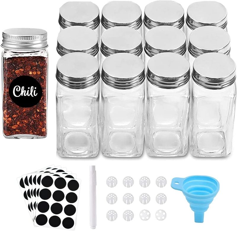 Photo 1 of ***STOCK PHOTO JUST FOR REFERENCE*** 12 Pcs Glass Spice Jars/Bottles - 4oz Empty Square Spice Containers with Spice Labels and Airtight Metal Caps with Shaker Lids