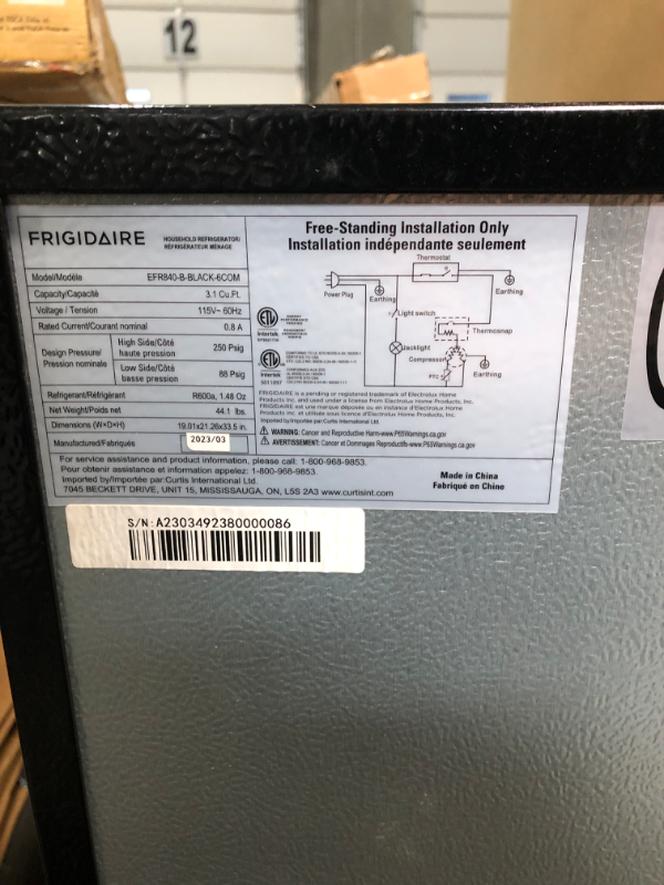 Photo 7 of **SEE NOTES**Frigidaire EFR840-BLACK-COM Compact Refrigerator, 3.1, Black Black Double Door Refrigerator