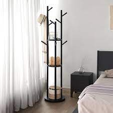 Photo 1 of  Rotary Coat Rack, Wooden Coat Rack Freestanding with 3 Shelves and 9 Hooks, black