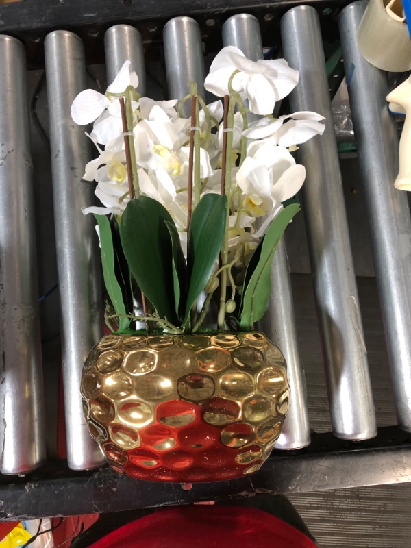 Photo 3 of W&W Artificial Orchid Plants & Flowers Arrangement in Ceramic Pot, Fake Faux White Orchid with Gold Vase, Realistic Phalaenopsis Orchids for Home Decor Indoor White-gold 03