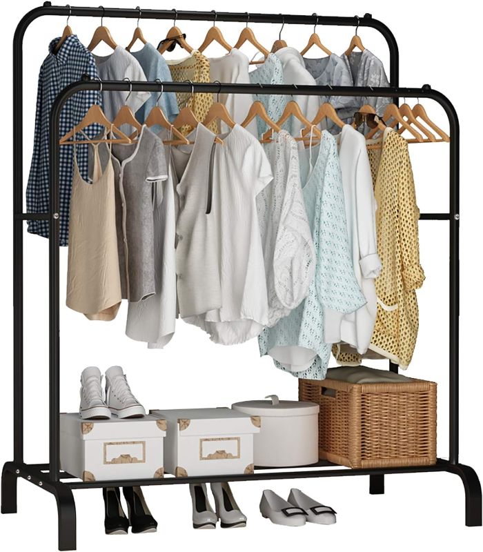 Photo 1 of ***NOT FUNCTIONAL - MISSING PARTS - CANNOT BE ASSEMBLED - FOR PARTS***
UDEAR Garment Rack, 43.3 Inches Freestanding Double Rod Clothing Racks for Hanging Clothes,Black