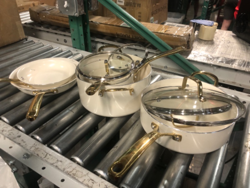 Photo 4 of **SCRATCHED, SEE LAST PHOTO** Martha Stewart Lockton Premium Nonstick PFA Free Ceramic Interior 10 Piece Heavy Gauge Enamel Aluminum Pots and Pans Cookware Set - Linen White w/Gold Handle 10-Piece Ceramic Nonstick Set Cookware Set Linen w/ Gold Handle