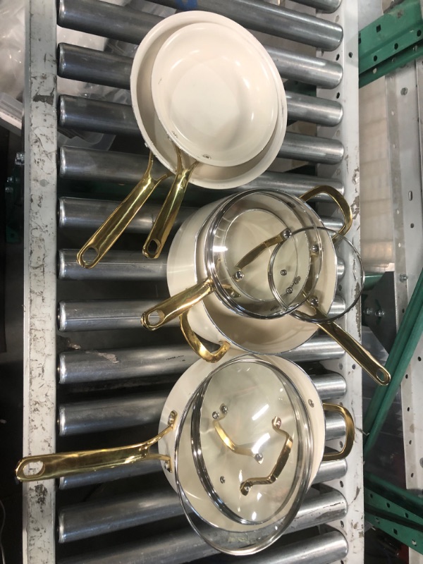 Photo 3 of **SCRATCHED, SEE LAST PHOTO** Martha Stewart Lockton Premium Nonstick PFA Free Ceramic Interior 10 Piece Heavy Gauge Enamel Aluminum Pots and Pans Cookware Set - Linen White w/Gold Handle 10-Piece Ceramic Nonstick Set Cookware Set Linen w/ Gold Handle