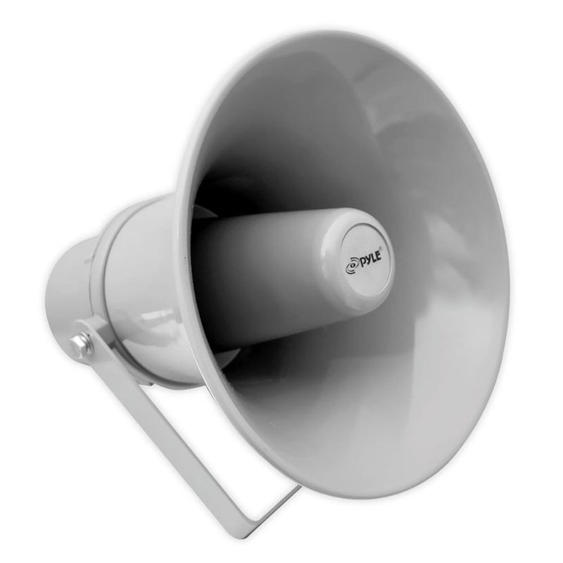 Photo 1 of Indoor Outdoor PA Horn Speaker - 9.7 Inch 20-Watt Power Compact Loud Sound Megaphone w/ 400Hz-5KHz Frequency, 8 Ohm, 70V Transformer, Mounting For 70V Audio System - PyleHome PHSP101T (Gray) Grey