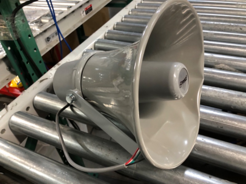 Photo 2 of **BENT SEE PHOTOS** Indoor Outdoor PA Horn Speaker - 9.7 Inch 20-Watt Power Compact Loud Sound Megaphone w/ 400Hz-5KHz Frequency, 8 Ohm, 70V Transformer, Mounting For 70V Audio System - PyleHome PHSP101T (Gray) Grey