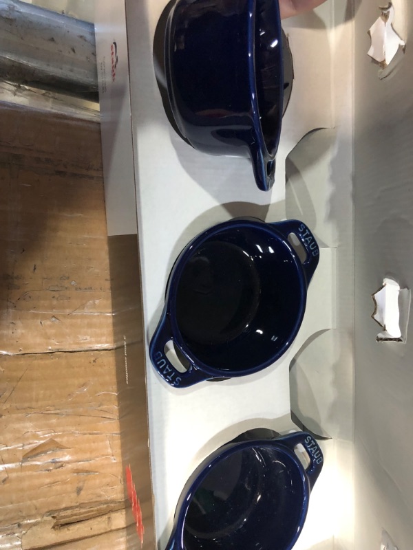 Photo 3 of *damage*
STAUB Ceramics Mini Round Cocotte Set, 3-piece, Dark Blue 3-piece Dark Blue