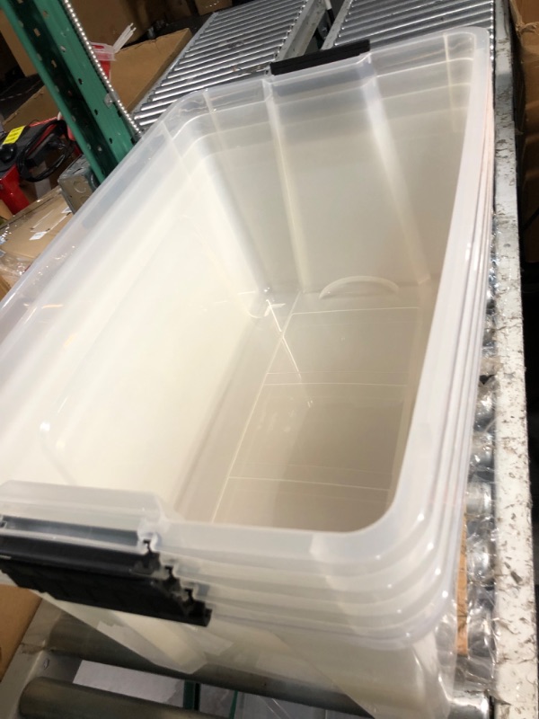 Photo 5 of *damage* 
IRIS USA 91 Qt. Plastic Storage Container Bin with Secure Lid and Latching Buckles, 4 pack - Clear