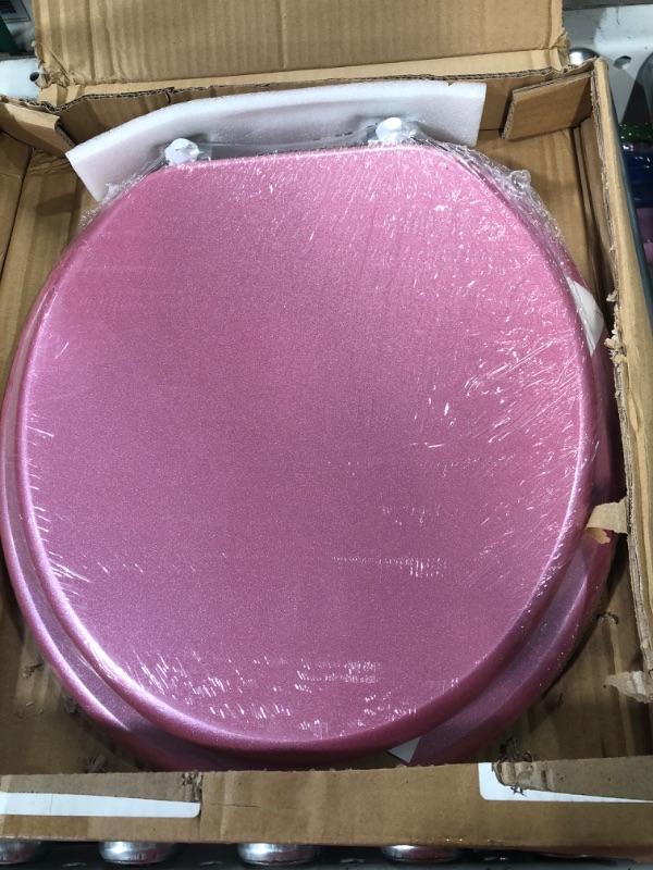 Photo 2 of BLOFDE Round Toilet Seat Wood Toilet Seat Prevent Shifting with Zinc Alloy Hinges American Standard Size Toilet Seat Easy to Install also Easy to Clean (Round,Pink) Round Crystal Pink