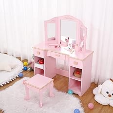 Photo 2 of 
Bophy Girls' Vanity Table and Stool Set, Kids Makeup Dressing Table with Wood Makeup Playset Toy, Kids Vanity Set with Mirror & Drawer for Age 4-9, Pink