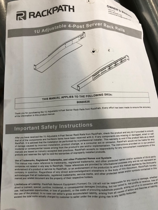 Photo 2 of RackPath 1U 4-Post Server Rack Rail, 20.2-32 Inch Adjustable Depth - 110lbs Capacity