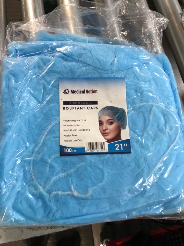 Photo 3 of 21" Disposable Bouffant Caps | Pack of 100, Blue | Hairnets, Non-Woven, Non-Pleated  Blue