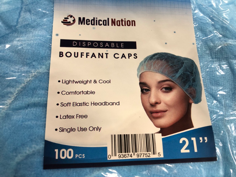 Photo 2 of 21" Disposable Bouffant Caps | Pack of 100, Blue | Hairnets, Non-Woven, Non-Pleated  Blue