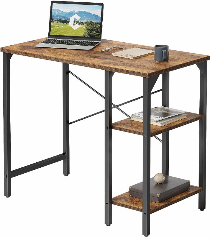 Photo 1 of CubiCubi Small Computer Desk, 35 Inch Home Office Desk with 2Storage Shelves on Left or Right Side, Rustic Brown
