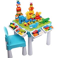 Photo 1 of burgkidz 5-in-1 Multi Activity Play Table Set with Storage Includes 1 Chair and 128 Pieces Compatible Large Bricks Building Blocks for Kids Ages 2 and Up, Blue