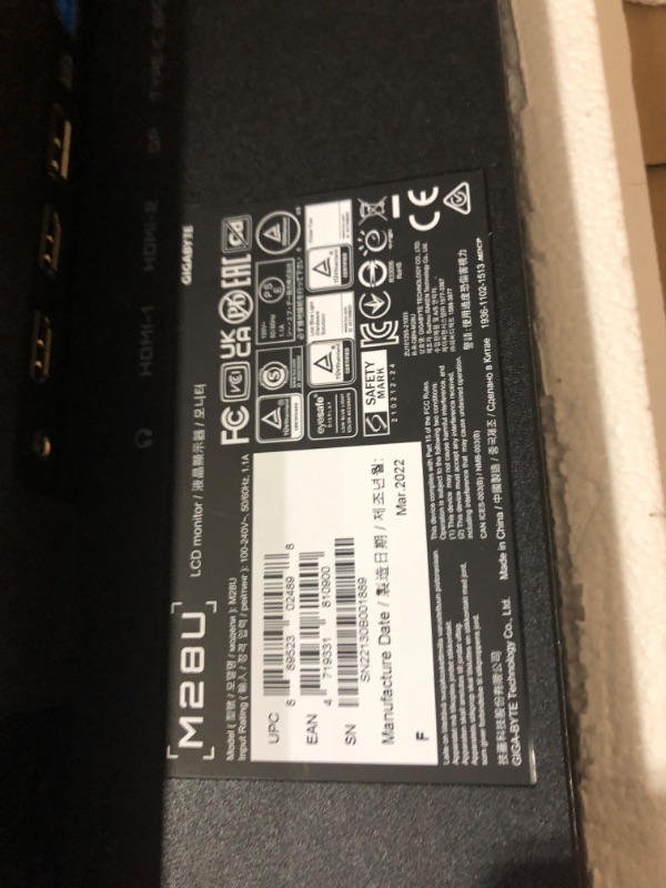 Photo 7 of **NONREFUNDABLE**FOR PARTS OR REPAIR**SEE NOTES**
IGABYTE M28U 28" 144Hz Gaming Monitor, 3840 x 2160 SS IPS Display, 2ms (MPRT) Response Time, 9?4% DCI-P3, VESA Display HDR400, FreeSync Premium Pro, 1x Display Port 1.4, 2x HDMI 2.1