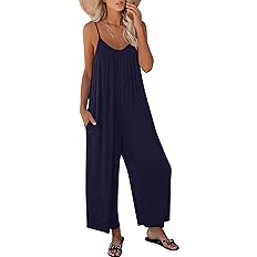 Photo 1 of AUTOMET Jumpsuits for Wpmen Loose Casual Sleeveless Adjustable Spaghetti Strap Stretchy Wide Leg Rompers with Pockets