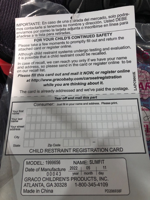 Photo 1 of **MANUFACTURED: 05-11-2022***
Graco SlimFit 3 in 1 Car Seat, Slim & Comfy Design Saves Space in Your Back Seat, Annabelle, (Pack of 1)