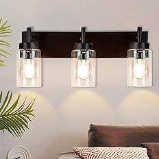 Photo 1 of DLLT Wall Light Fixture, Vintage Bathroom Vanity Light with 3 Clear Glass Shade, Wall Sconces Lamp for Powder Room, Hallway, Kitchen, Mirror, Laundry Room (E26 Base)