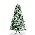 Photo 1 of Happygrill 7FT Artificial Christmas Tree Mixed PE & PVC Xmas Tree with 1139 Tips, Pine Cones & Metal Base, Snow Sprayed Hinged Xmas Tree for Home Office Party Festival Holiday Decor, Green